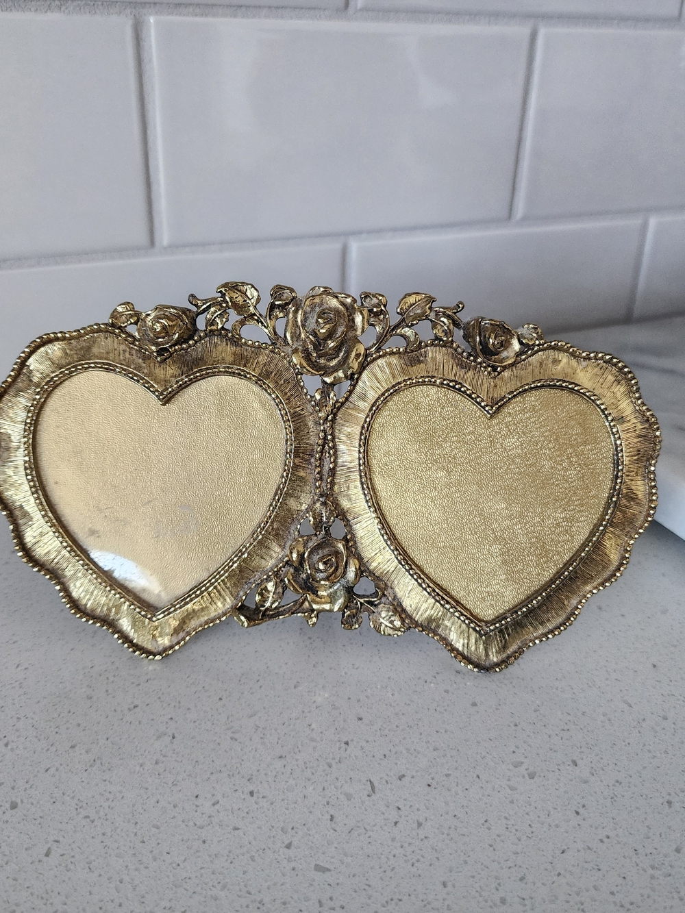 Gold Double Heart Picture Frame with Rose Detail